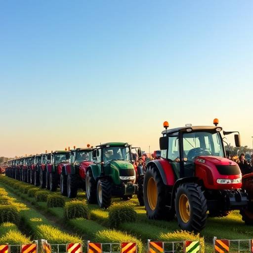 Trattori in fila durante una manifestazione di agricoltori in Emilia-Romagna